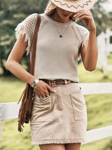 SHEIN LUNE Top de punto ribete con fleco de manga raglán - Albaricoque - Ver 4