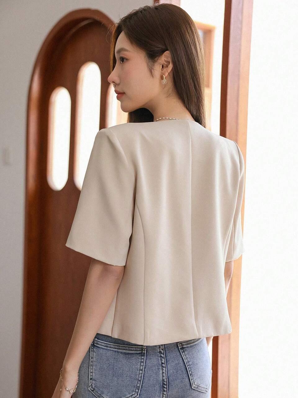 Solid Color Short Sleeve Blazer, Business Casual Style, Autumn