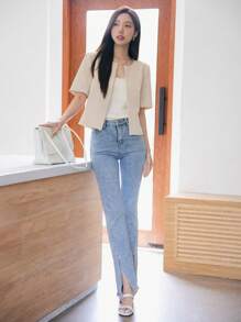 DAZY 纯色短袖西装外套，商务休闲风格，秋季 - 卡其色 - 查看 4