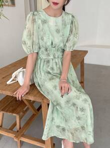 DAZY 印花泡泡袖連衣裙 - 薄荷綠 - 查看 1