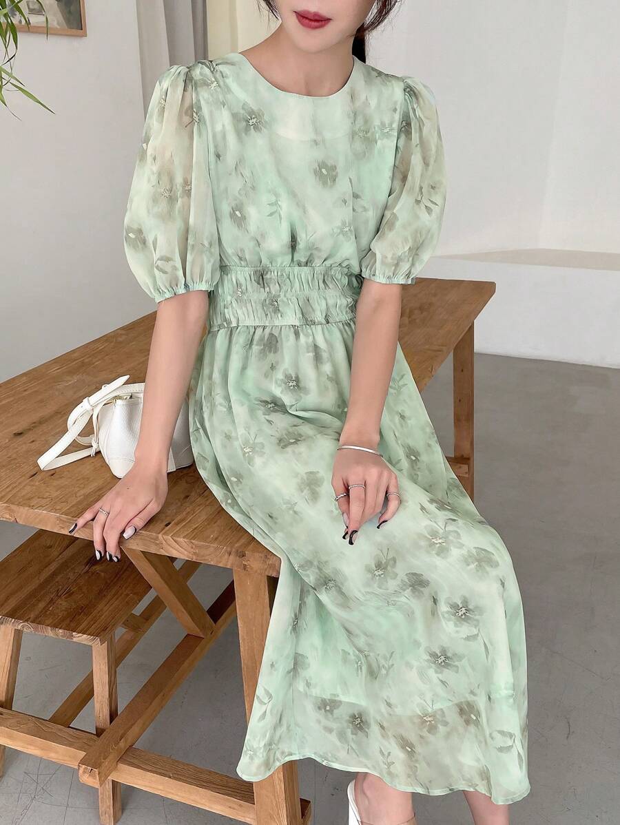 DAZY 印花泡泡袖連衣裙 - 薄荷綠 - 查看 1