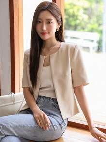 DAZY 纯色短袖西装外套，商务休闲风格，秋季 - 卡其色 - 查看 6