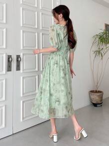 DAZY 印花泡泡袖連衣裙 - 薄荷綠 - 查看 2