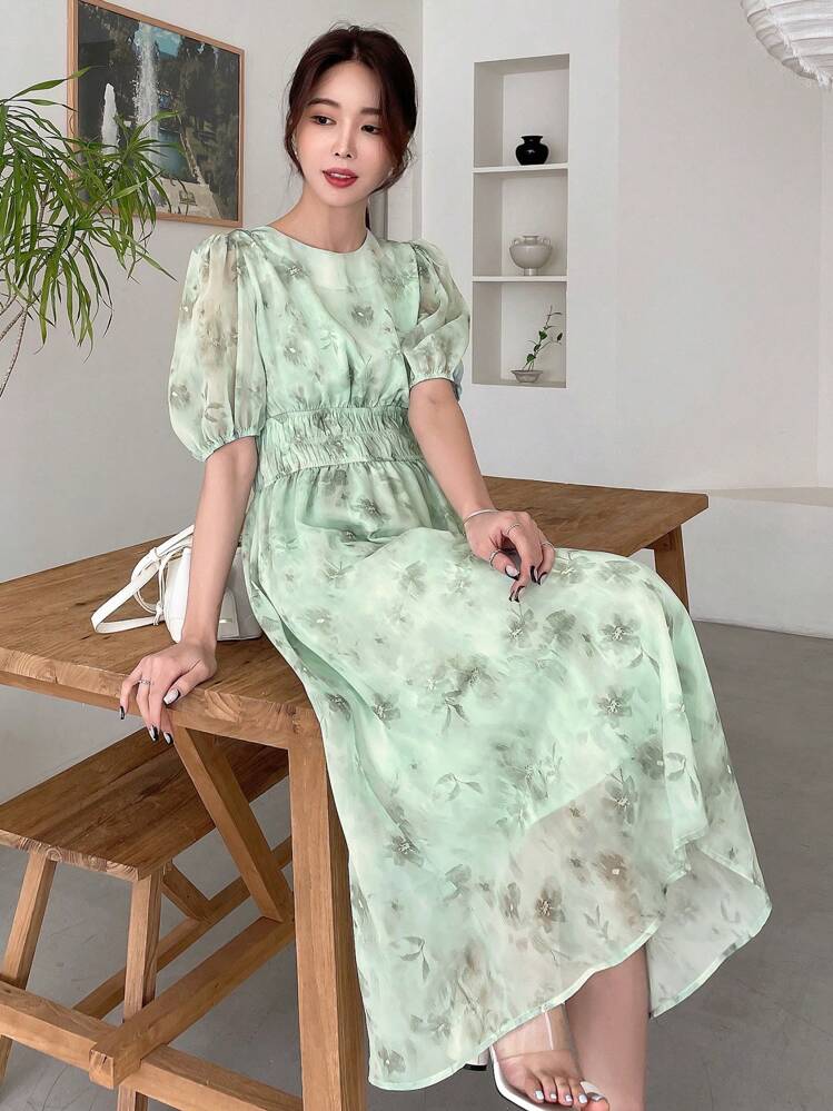 DAZY מכווץ כל האותיות פרחוני אלגנטי שמלה - ירוק מנטה - ראה 3