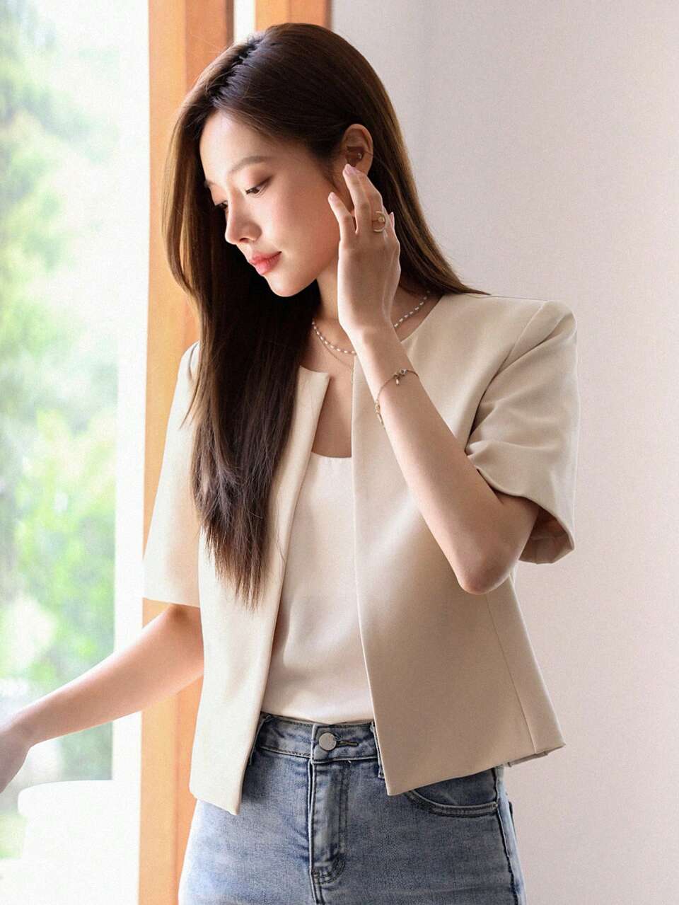 Solid Color Short Sleeve Blazer, Business Casual Style, Autumn