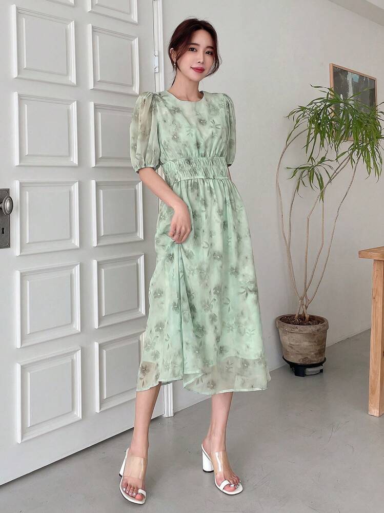 DAZY מכווץ כל האותיות פרחוני אלגנטי שמלה - ירוק מנטה - ראה 5