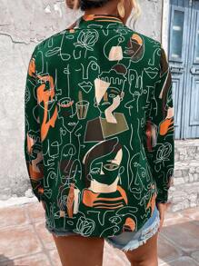 Calvaya Plus Abstract Figure Button Front Shirt - Dark Green - View 2