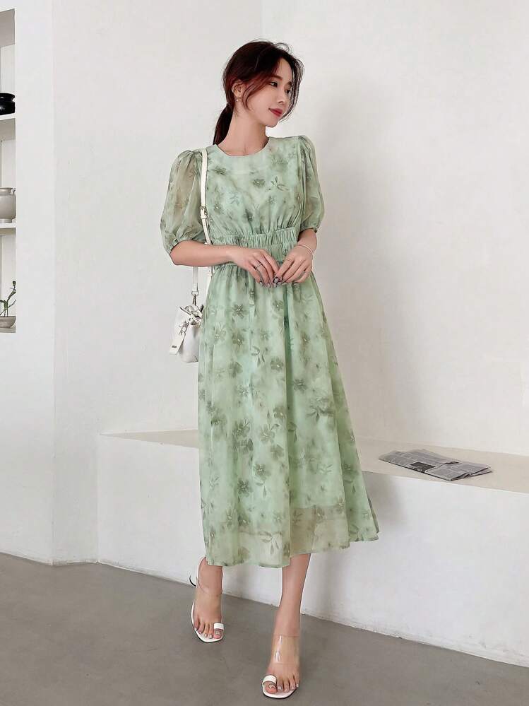 DAZY מכווץ כל האותיות פרחוני אלגנטי שמלה - ירוק מנטה - ראה 6