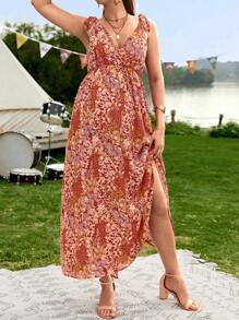 SHEIN 孕妇佩斯利印花系带肩部吊带连衣裙