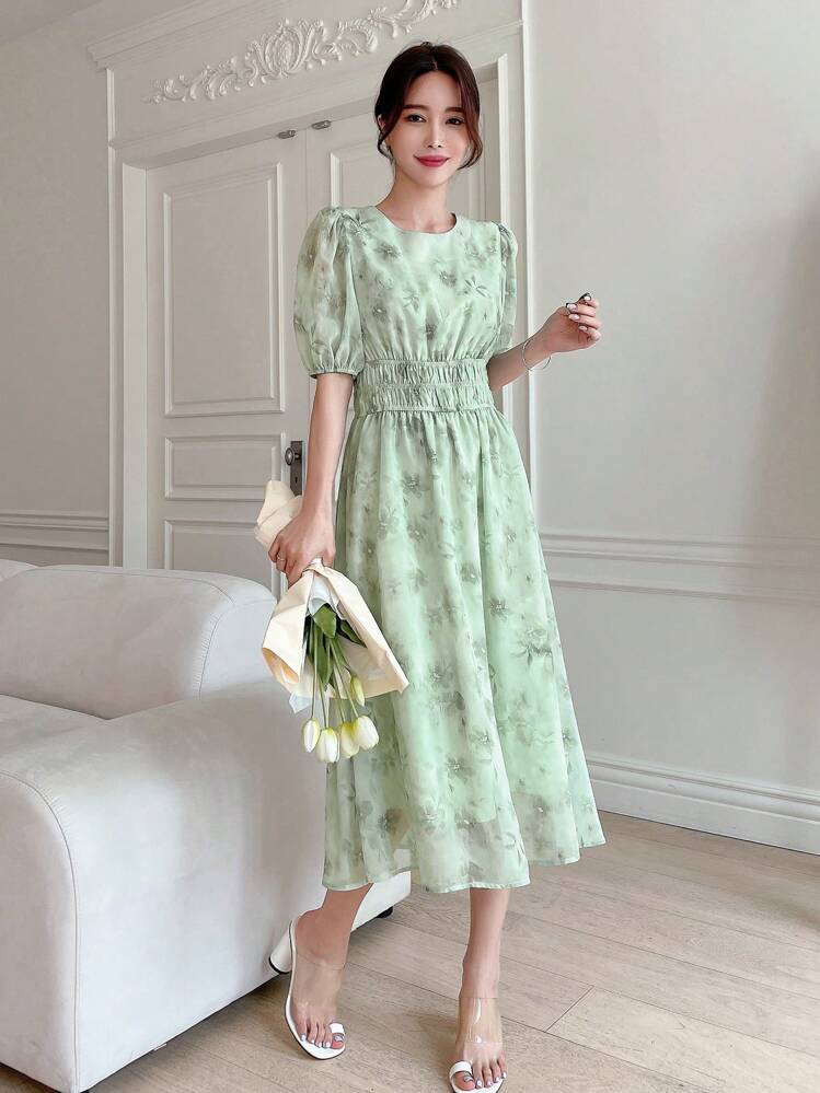 DAZY מכווץ כל האותיות פרחוני אלגנטי שמלה - ירוק מנטה - ראה 7