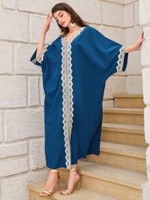 Al Najma Contrast Lace Batwing Sleeve Kaftan - Navy Blue - View 6