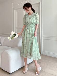 DAZY 印花泡泡袖連衣裙 - 薄荷綠 - 查看 8