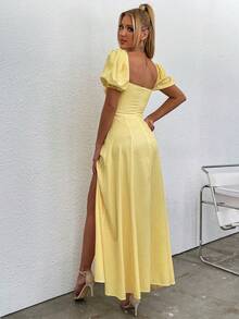 PARTHEA Váy in hoa xẻ cao tay bồng - Màu vàng - Xem 2