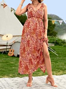 SHEIN 孕妇佩斯利印花系带肩部吊带连衣裙