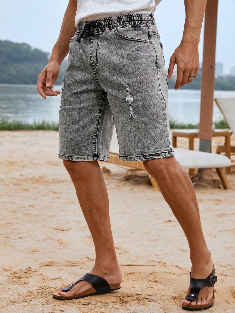 Manfinity LEGND Men Cotton Ripped Frayed Drawstring Waist Denim Shorts - Black - View 1