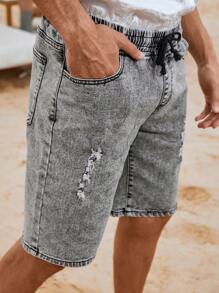 Manfinity LEGND Men Cotton Ripped Frayed Drawstring Waist Denim Shorts - Black - View 2