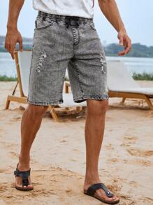 Manfinity LEGND Men Cotton Ripped Frayed Drawstring Waist Denim Shorts - Black - View 3