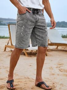 Manfinity LEGND Men Cotton Ripped Frayed Drawstring Waist Denim Shorts - Black - View 4