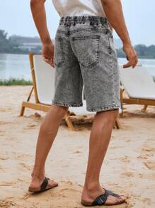 Manfinity LEGND Men Cotton Ripped Frayed Drawstring Waist Denim Shorts - Black - View 5