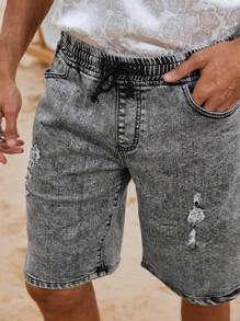 Manfinity LEGND Men Cotton Ripped Frayed Drawstring Waist Denim Shorts - Black - View 6