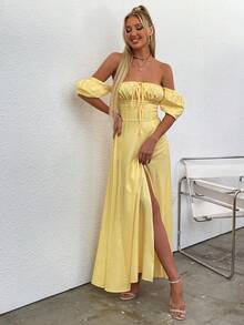 PARTHEA Váy in hoa xẻ cao tay bồng - Màu vàng - Xem 3