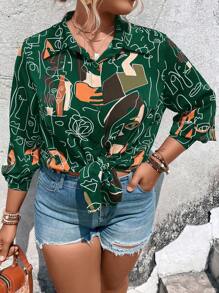 Calvaya Plus Abstract Figure Button Front Shirt - Dark Green - View 5