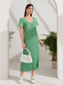 Mulvari 素色木耳邊條紋針織洋裝 - 綠色 - 查看 3