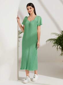 Mulvari 素色木耳邊條紋針織洋裝 - 綠色 - 查看 4