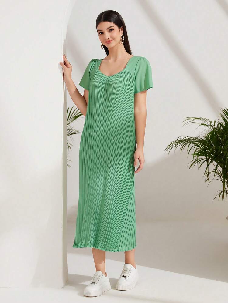 Mulvari 素色木耳邊條紋針織洋裝 - 綠色 - 查看 4