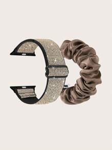 2入組銀灰色尼龍可調式+粉紅色彈性蘋果手錶錶帶&髮圈組，適用於Apple Watch 49/45/44/42/41/40/38mm錶帶，適用於Apple Watch 系列Ultra/Se/8/7/6/5/4/3/2/1 - 彩色 - 查看 1