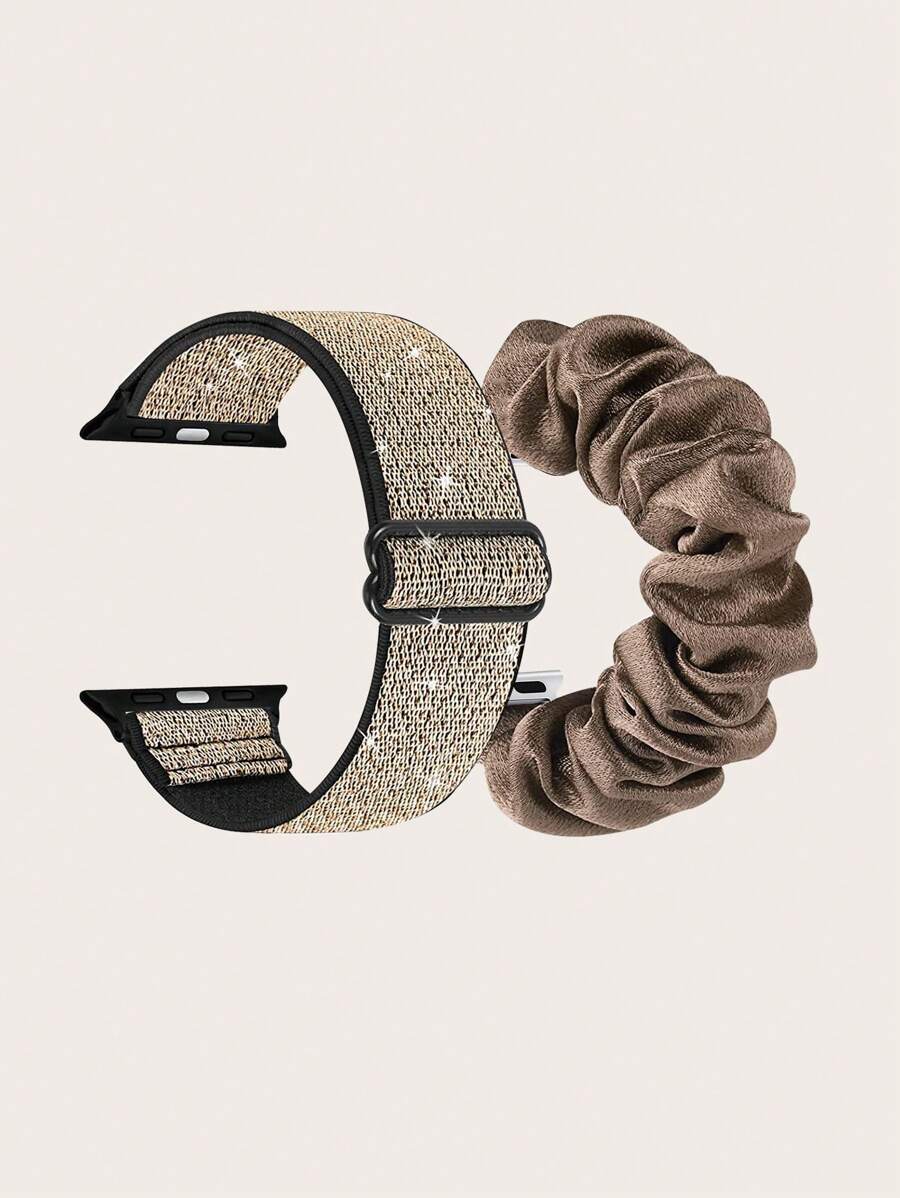 2入組銀灰色尼龍可調式+粉紅色彈性蘋果手錶錶帶&髮圈組，適用於Apple Watch 49/45/44/42/41/40/38mm錶帶，適用於Apple Watch 系列Ultra/Se/8/7/6/5/4/3/2/1 - 彩色 - 查看 1