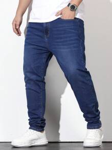 Manfinity Homme Men Plus Cotton Slant Pocket Jeans - Dark Wash - View 1