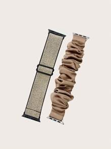 2入組銀灰色尼龍可調式+粉紅色彈性蘋果手錶錶帶&髮圈組，適用於Apple Watch 49/45/44/42/41/40/38mm錶帶，適用於Apple Watch 系列Ultra/Se/8/7/6/5/4/3/2/1 - 彩色 - 查看 2