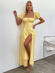 PARTHEA Váy in hoa xẻ cao tay bồng - Màu vàng - Xem 6