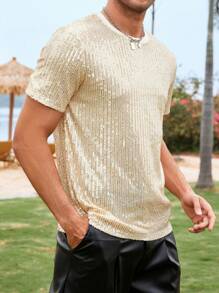 Manfinity Homme Men Sequin Decor Fishnet Lined Tee - Gold - View 1