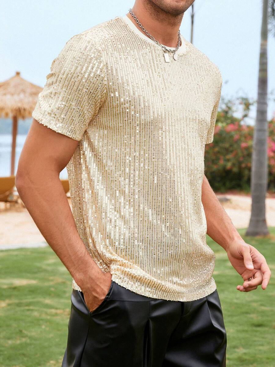 Manfinity Homme Men Sequin Decor Fishnet Lined Tee - Gold - View 1