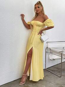 PARTHEA Váy in hoa xẻ cao tay bồng - Màu vàng - Xem 7