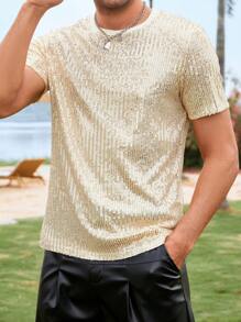 Manfinity Homme Men Sequin Decor Fishnet Lined Tee - Gold - View 5