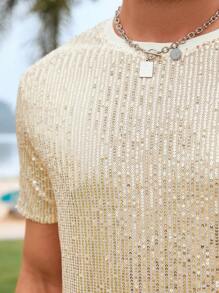 Manfinity Homme Men Sequin Decor Fishnet Lined Tee - Gold - View 8