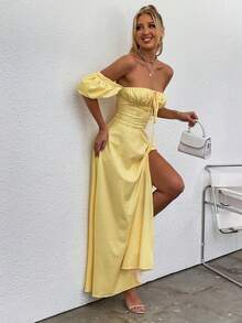 PARTHEA Váy in hoa xẻ cao tay bồng - Màu vàng - Xem 8