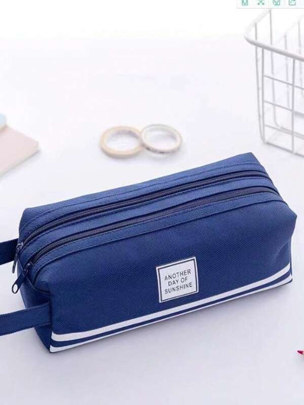 1 قطعة مِقلمة ذات سحّاب مزدوج ذات طبقتين باللون الأزرق، لعودة إلى المدرسة، لوازم مدرسية، حقيبة قلم، حقيبة مدرسية