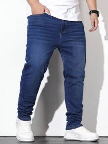 Manfinity Homme Men Plus Cotton Slant Pocket Jeans - Dark Wash - View 6