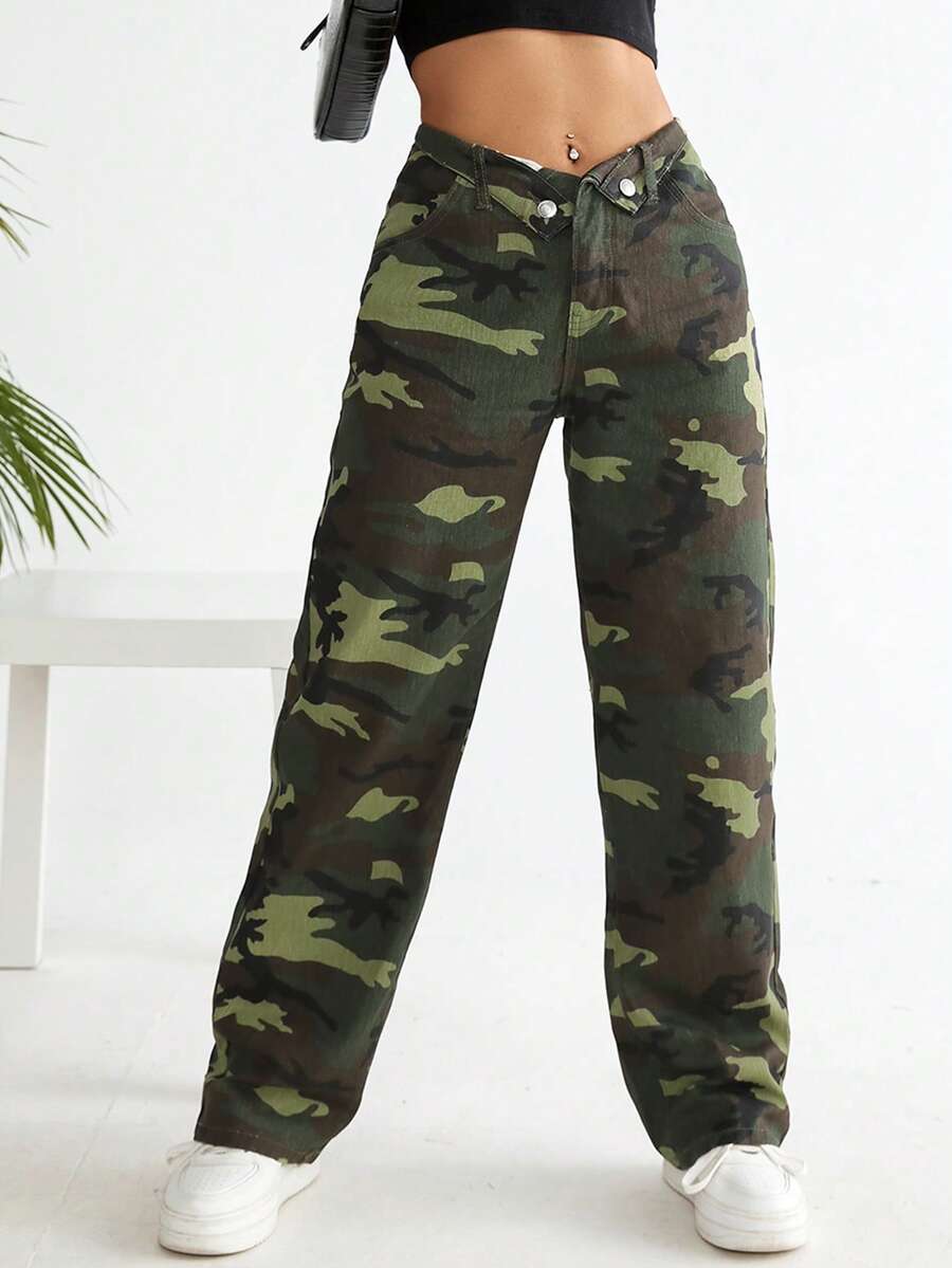 SHEIN EZwear Quần jean nữ Nút Túi Dây kéo Ngụy trang - Nhiều màu - Xem 1