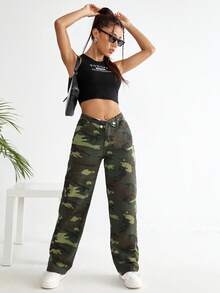 SHEIN EZwear Quần jean nữ Nút Túi Dây kéo Ngụy trang - Nhiều màu - Xem 3