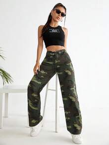 SHEIN EZwear Quần jean nữ Nút Túi Dây kéo Ngụy trang - Nhiều màu - Xem 4