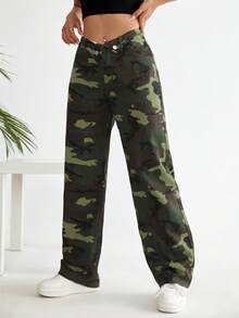 SHEIN EZwear Quần jean nữ Nút Túi Dây kéo Ngụy trang - Nhiều màu - Xem 5