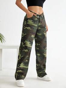 SHEIN EZwear Quần jean nữ Nút Túi Dây kéo Ngụy trang - Nhiều màu - Xem 6