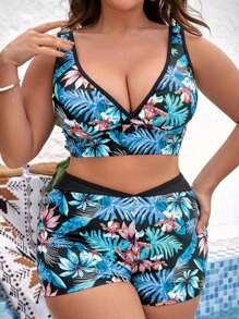 Swim Vcay 大尺碼熱帶印花對比邊綁帶比基尼套裝，夏季沙灘必備 - 藍色 - 查看 1