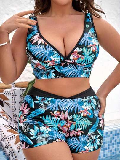 Swim Vcay 大尺碼熱帶印花對比邊綁帶比基尼套裝，夏季沙灘必備