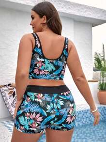 Swim Vcay 大尺碼熱帶印花對比邊綁帶比基尼套裝，夏季沙灘必備 - 藍色 - 查看 2